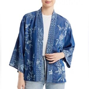 Johnny Was Workshop Womens XL Denim Kimono Jacket Cropped Embroidered Blue Boho